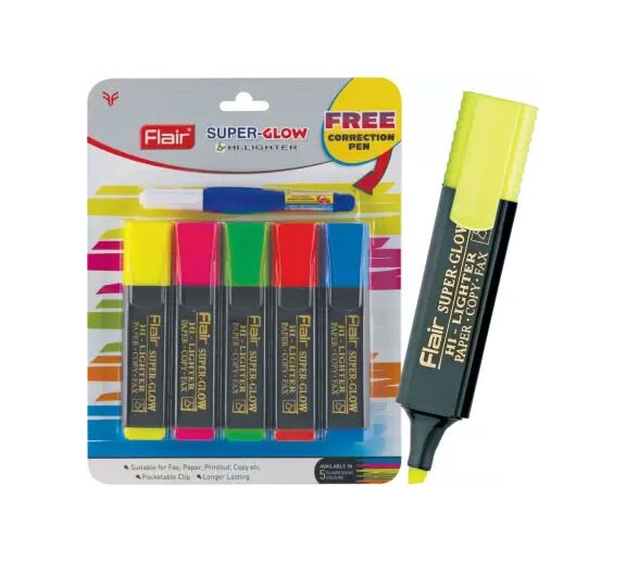FLAIR Super Glow Highlighter with Correction Pen (Set of 6, Multicolor)
