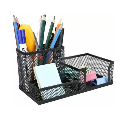 3 Compartments METEL PEN HOLDER (Black)