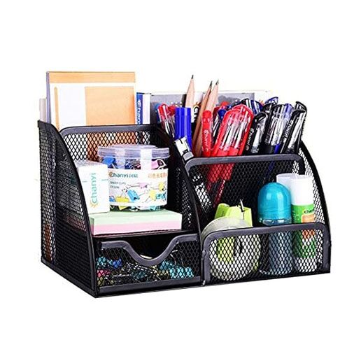 Metal Mesh Pen and Pencil Stationary Storage Tidy Desk Organizer Box with 6 Compartment (Black Color)