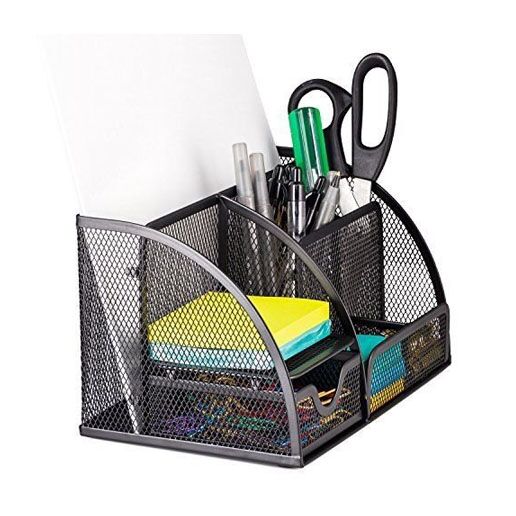 Metal Mesh Pen and Pencil Stationary Storage Tidy Desk Organizer Box with 6 Compartment (Black Color) - Image 2